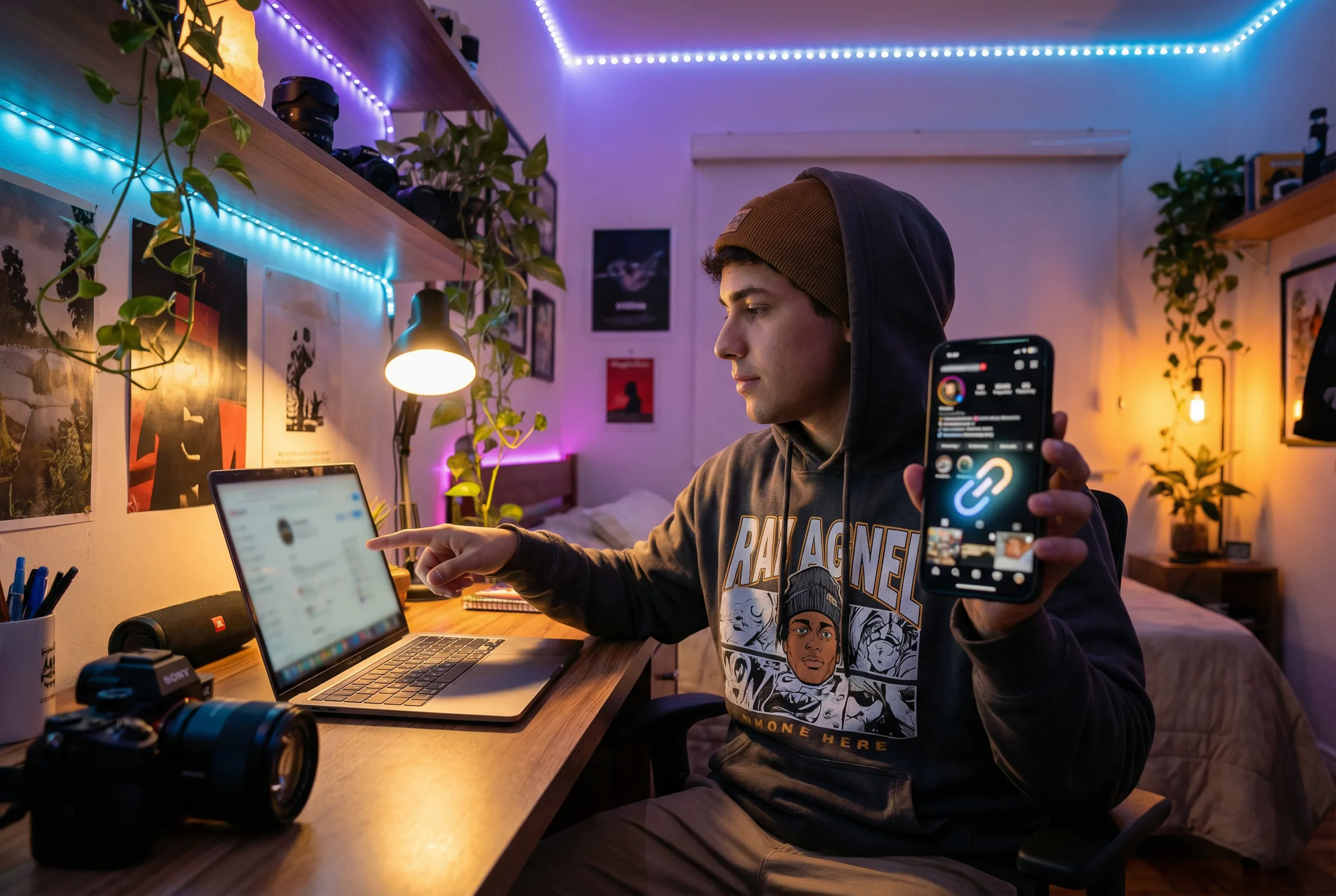 Criador de conteúdo adicionando link do PerguntaPix na bio do Instagram em setup caseiro